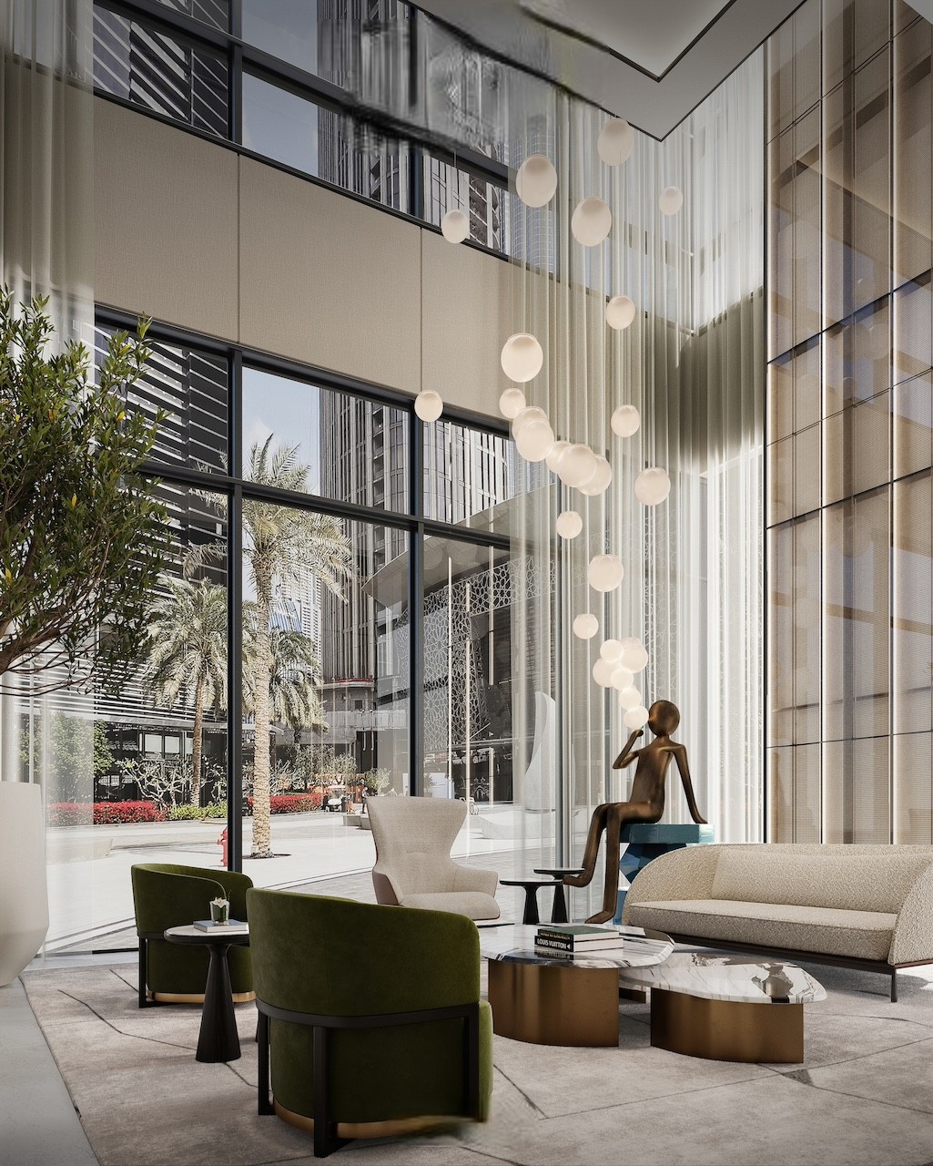 Step into a lavish lobby adorned with a stunning tree and chic chairs, exuding modern elegance and comfort at St. Regis Residences Downtown Dubai.